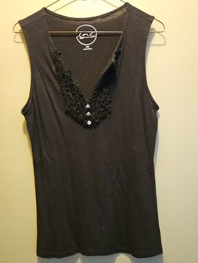 INC International Concepts Black Sleeveless V-Neck Top with Ruffle Trim